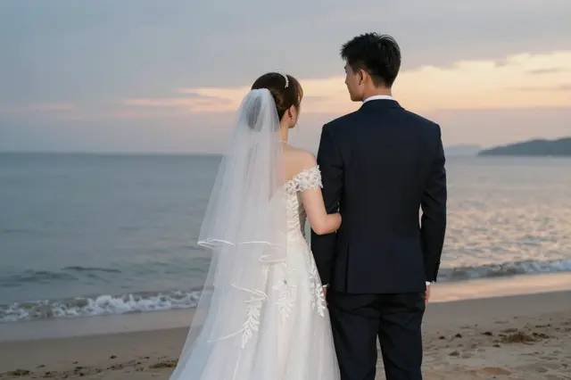 Back view of a bride and groom standing arm-in-arm on a sandy beach at sunset overlooking the ocean.