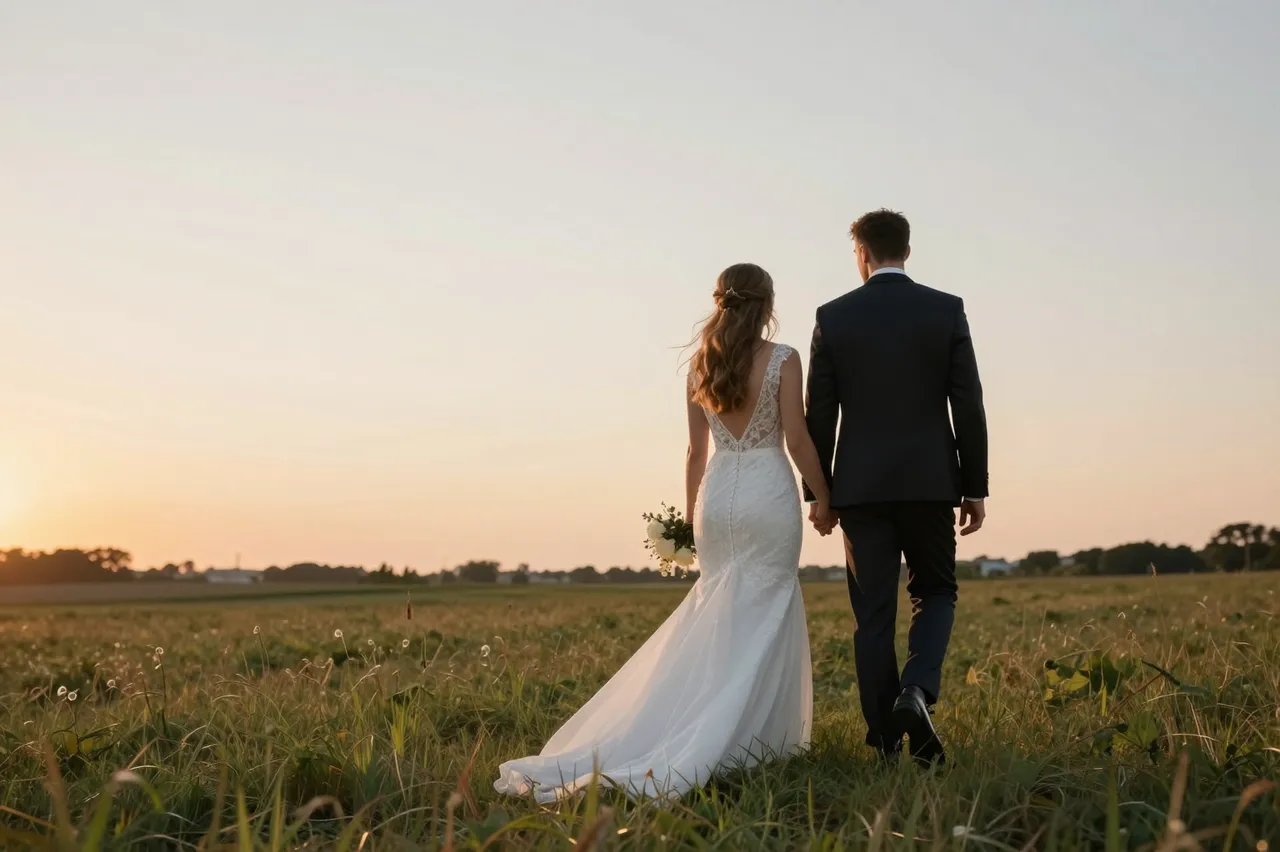 Back view of a bride and groom holding hands while walking through a grassy field at golden sunset