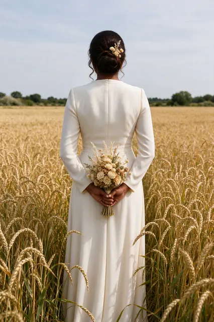 Back view of a South Asian bride in a cream gown holding a dried flower bouquet in a golden wheat field