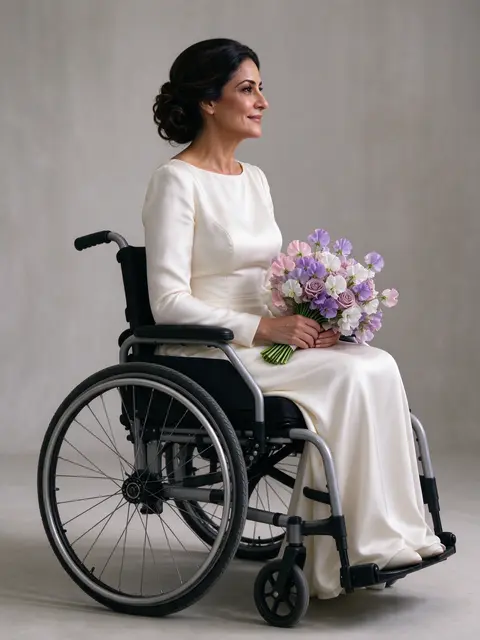 Profile view of a Middle Eastern bride in a wheelchair holding a sweet pea bouquet in a plain ivory gown.
