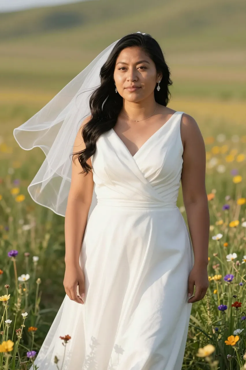 Indigenous bride in a simple white wedding dress stands in a wildflower meadow with her veil blowing in the golden hour wind.