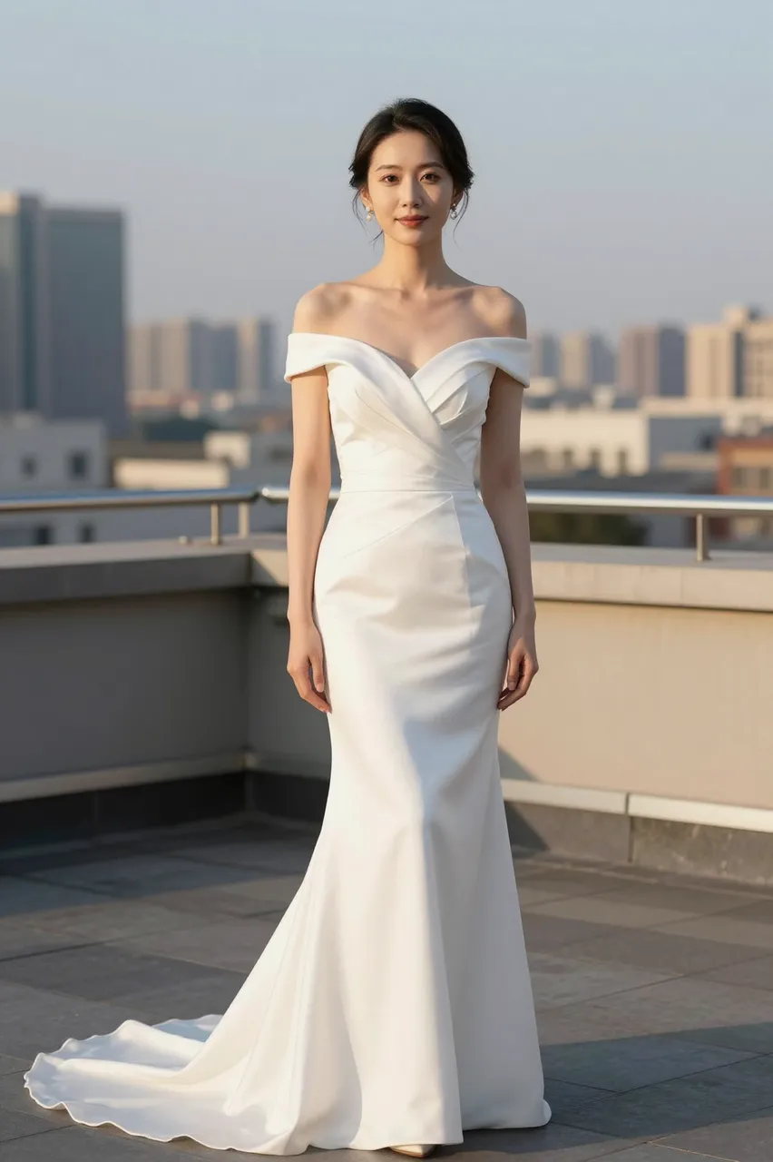 East Asian bride in a sleek off-the-shoulder white gown stands on a city rooftop during warm golden hour light.