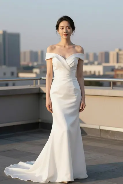 East Asian bride in a sleek off-the-shoulder white gown stands on a city rooftop during warm golden hour light.