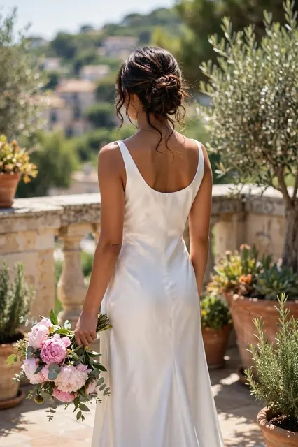 Back view of a bride in a silk gown holding a peony bouquet on a sunlit stone terrace