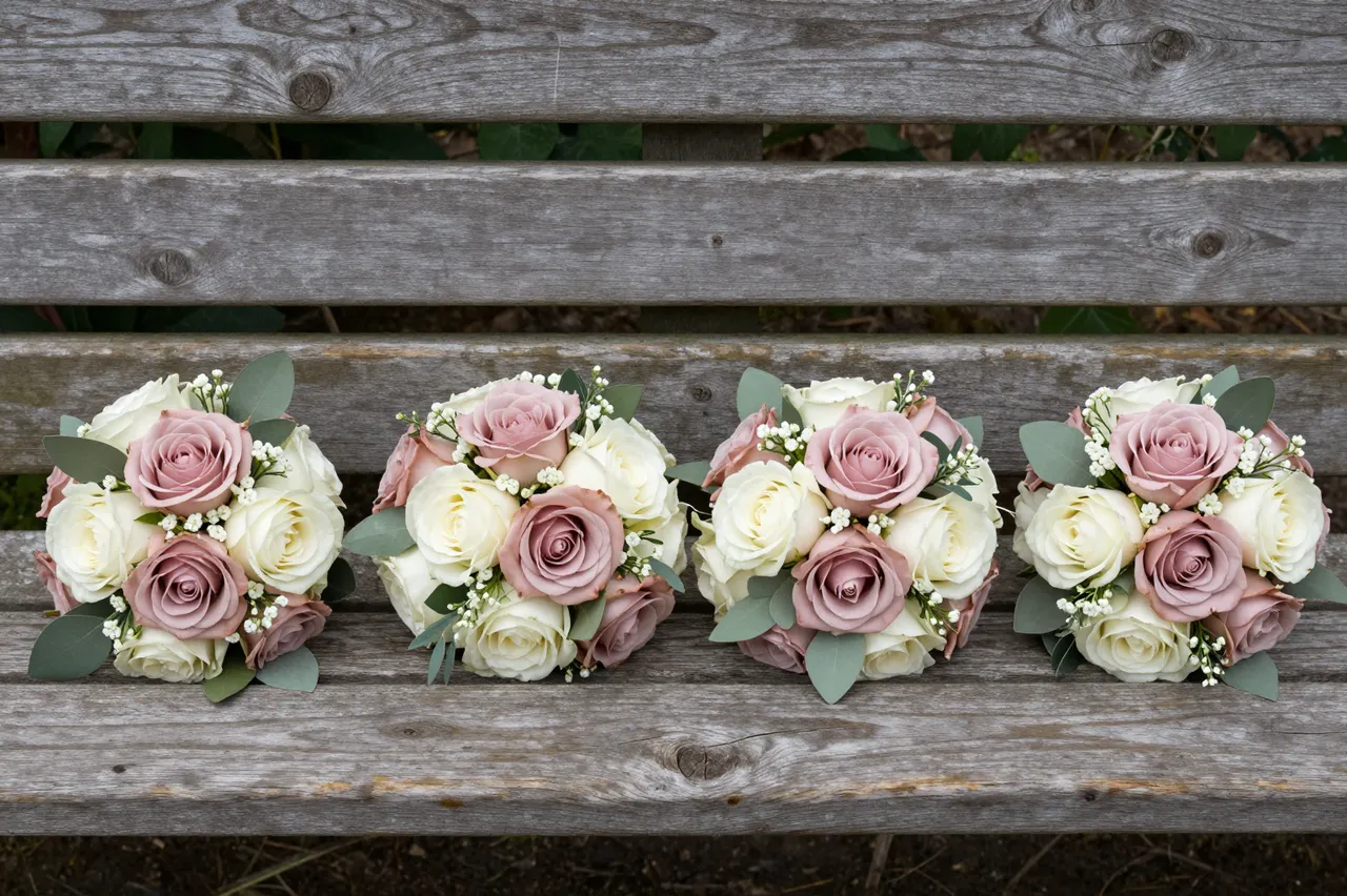 Four dusty rose, cream and sage bridesmaid posies lined up neatly on a weathered wooden garden bench.