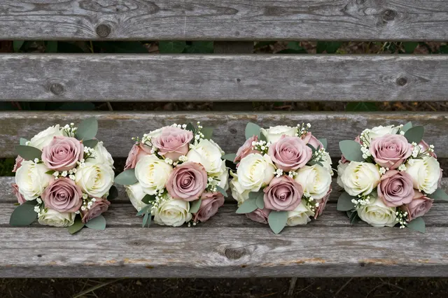 Four dusty rose, cream and sage bridesmaid posies lined up neatly on a weathered wooden garden bench.