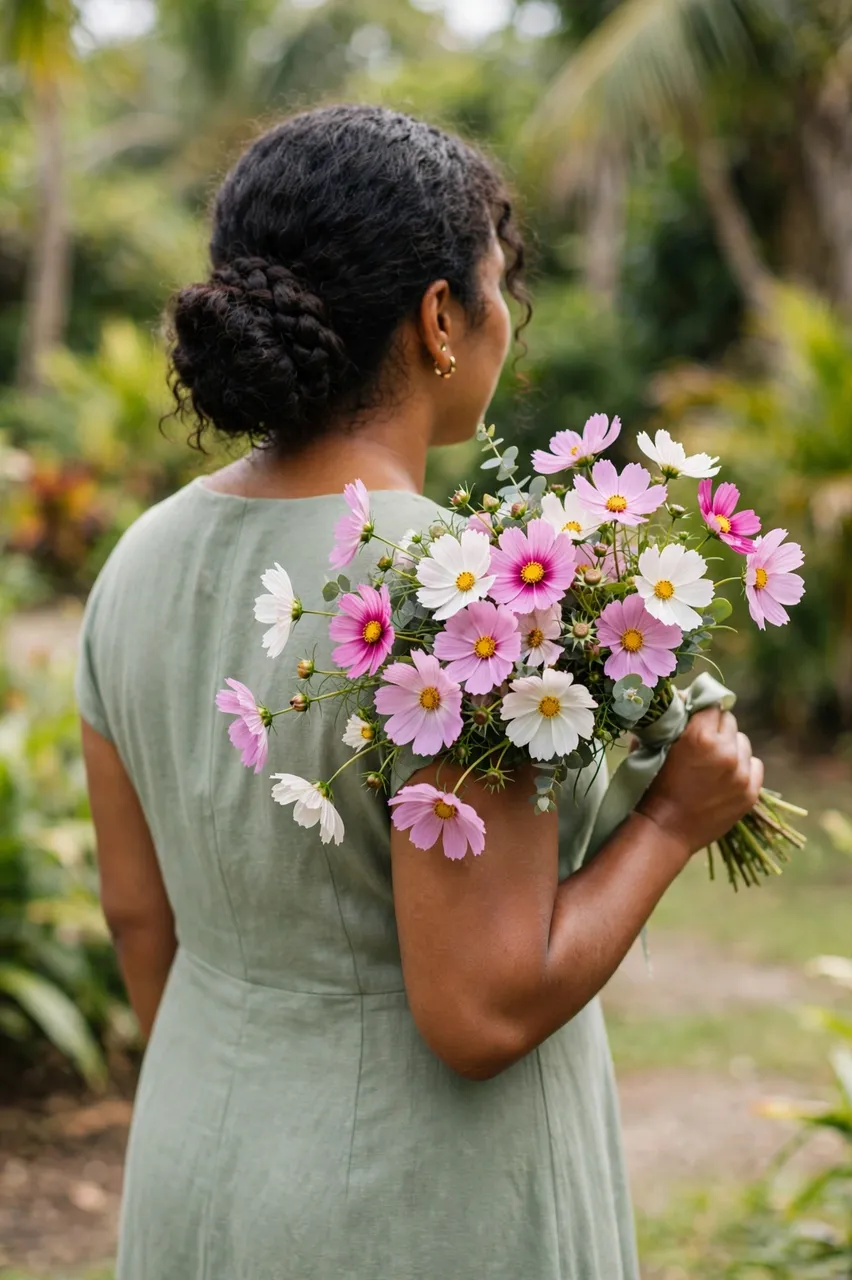 A back view of a Pacific Islander woman in a sage dress holding a cosmos bouquet in a tropical garden