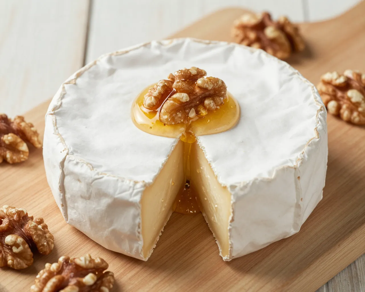 A wheel of brie with a wedge removed, topped with honey and walnuts, arranged on a wooden serving board.