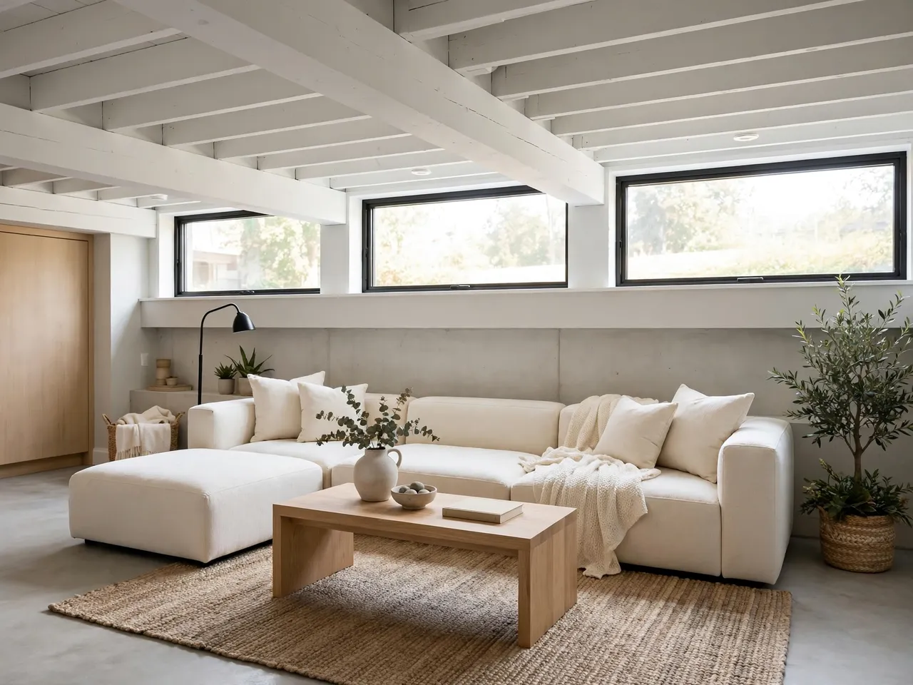 Sunlit modern basement lounge with a cream sectional sofa, wooden coffee table, jute rug and high windows