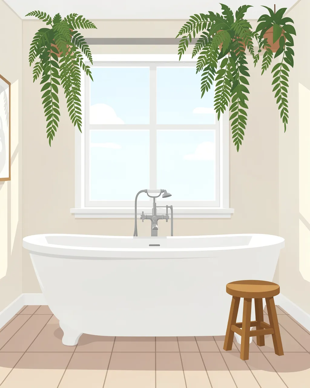 Flat vector illustration of a bright bathroom with a clawfoot tub, hanging ferns, and a wooden stool below a window.