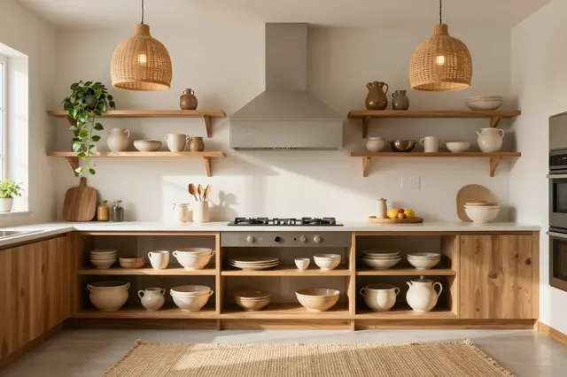 Warm afternoon light fills a boho style kitchen with wood shelves, stoneware, woven pendants and potted plants