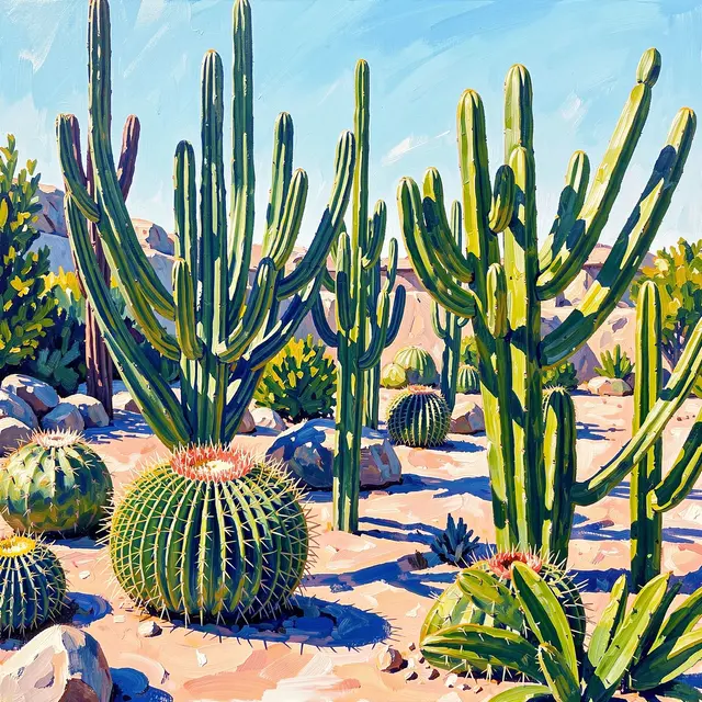 Bold acrylic painting of a sunlit desert cactus garden with vivid blue midday shadows