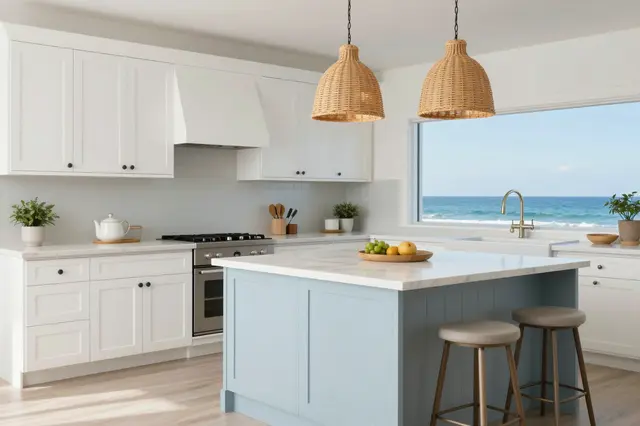 Sunlit coastal kitchen features white cabinetry, pale blue island, rattan pendants, and an ocean view through a large window