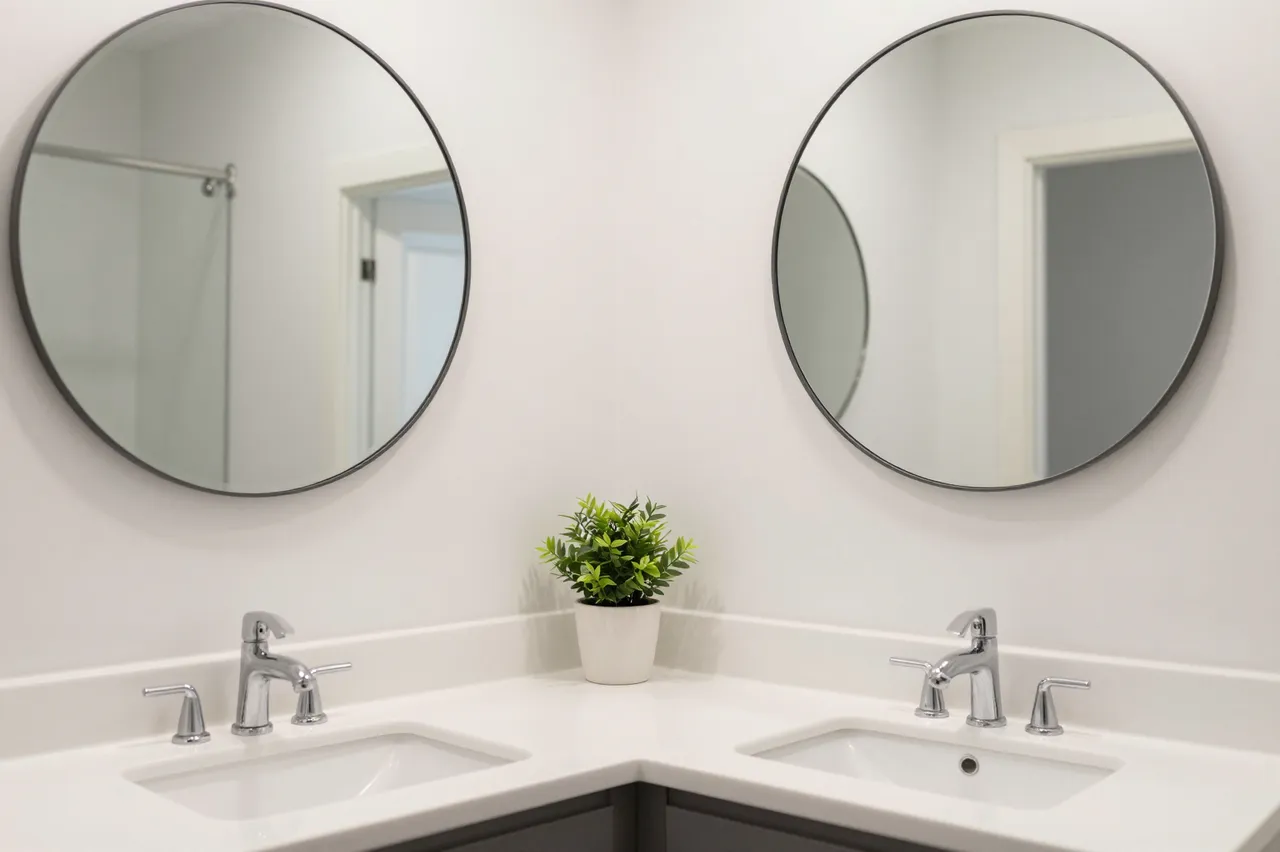 A bright modern bathroom corner with a white double vanity, two round black-framed mirrors, and a small potted plant between