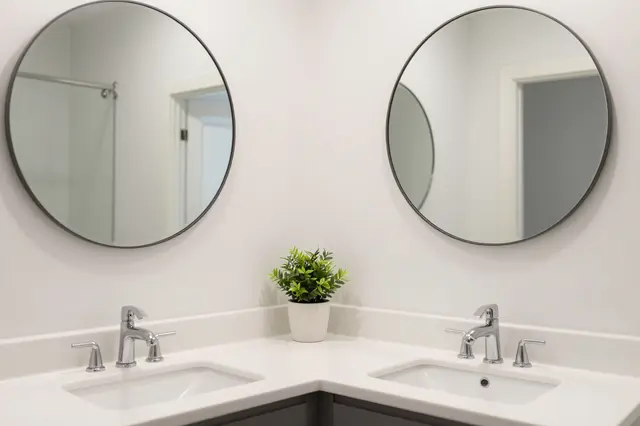 A bright modern bathroom corner with a white double vanity, two round black-framed mirrors, and a small potted plant between