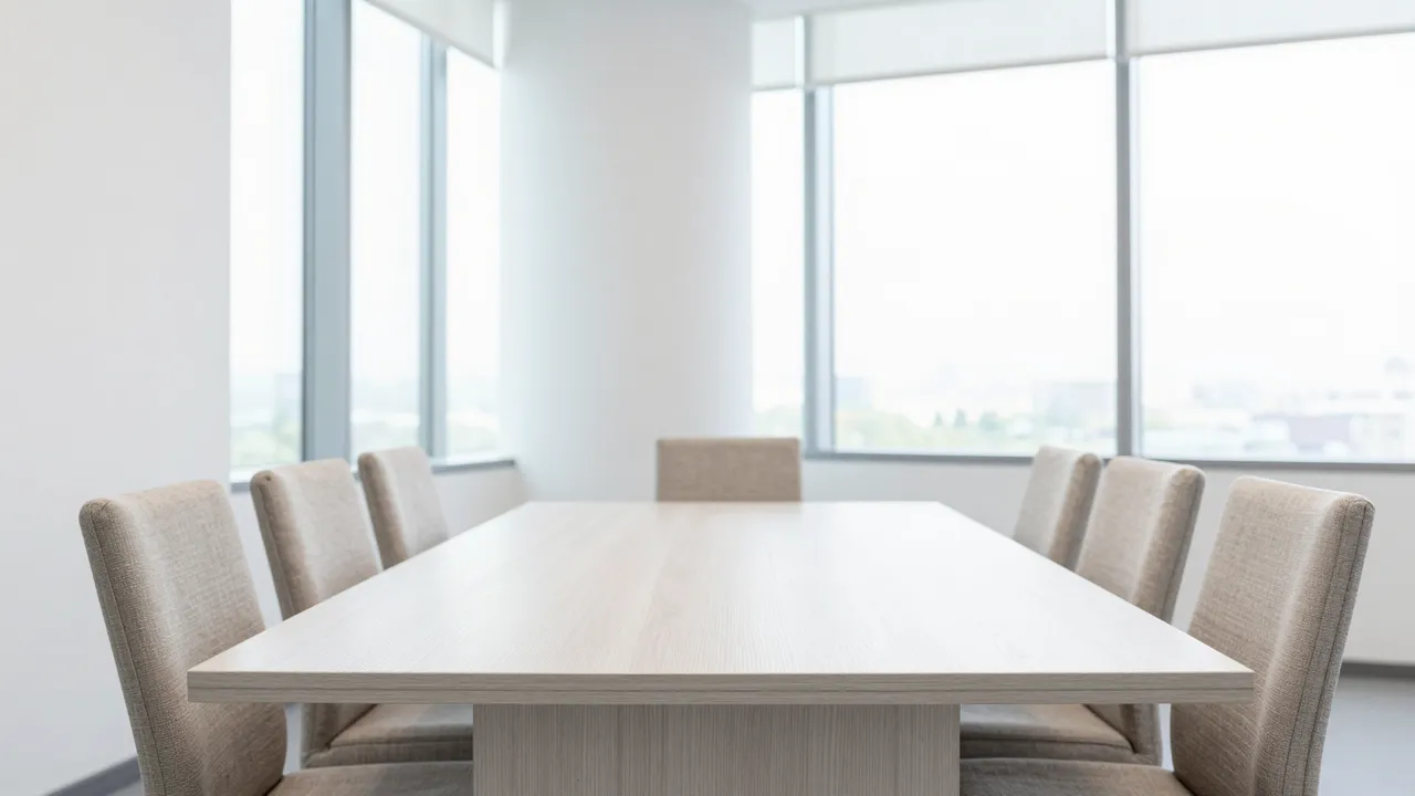 Light wood conference table with beige linen chairs sits in a sunlit boardroom with tall windows