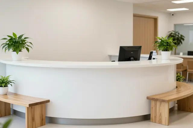 Unoccupied bright clinic reception area with a curved white counter, wooden benches and potted houseplants
