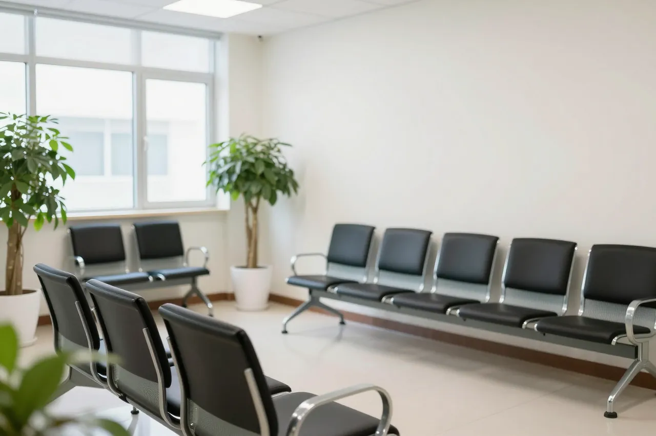 A sunlit empty medical clinic waiting room lined with padded seating and potted floor plants.