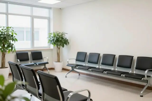 A sunlit empty medical clinic waiting room lined with padded seating and potted floor plants.