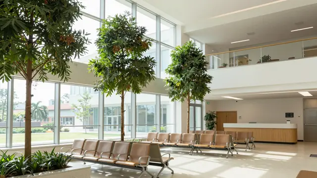 Sunlit empty hospital atrium with tall windows, indoor trees and rows of waiting seating