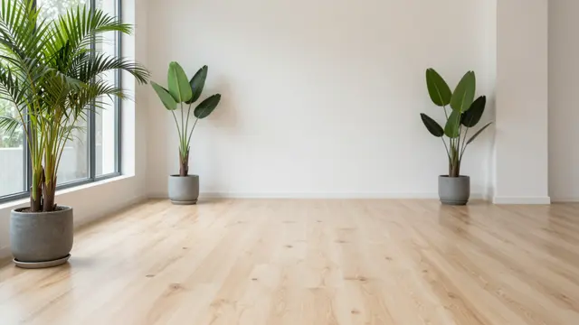 Bright empty room with pale wood floors, potted houseplants and a large window overlooking greenery