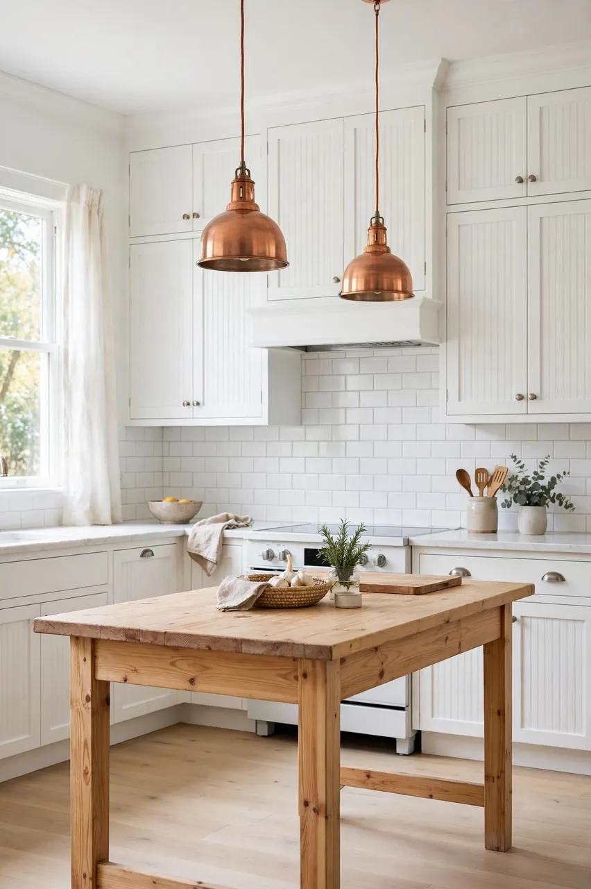 Sunlit white kitchen with beadboard cabinets, pine island, and copper pendant lights