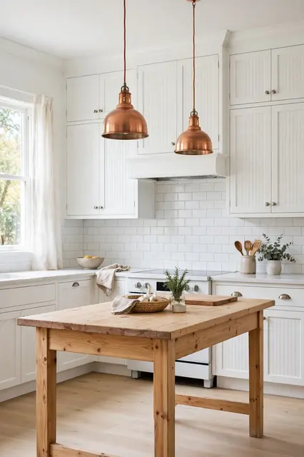 Sunlit white kitchen with beadboard cabinets, pine island, and copper pendant lights