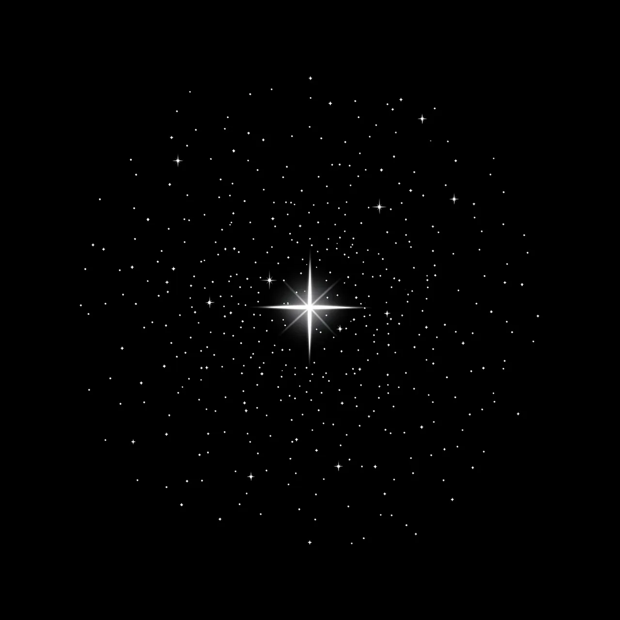 A glowing four-pointed star sits at the center of scattered tiny white stars on a solid black background