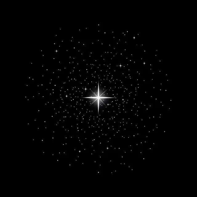 A glowing four-pointed star sits at the center of scattered tiny white stars on a solid black background