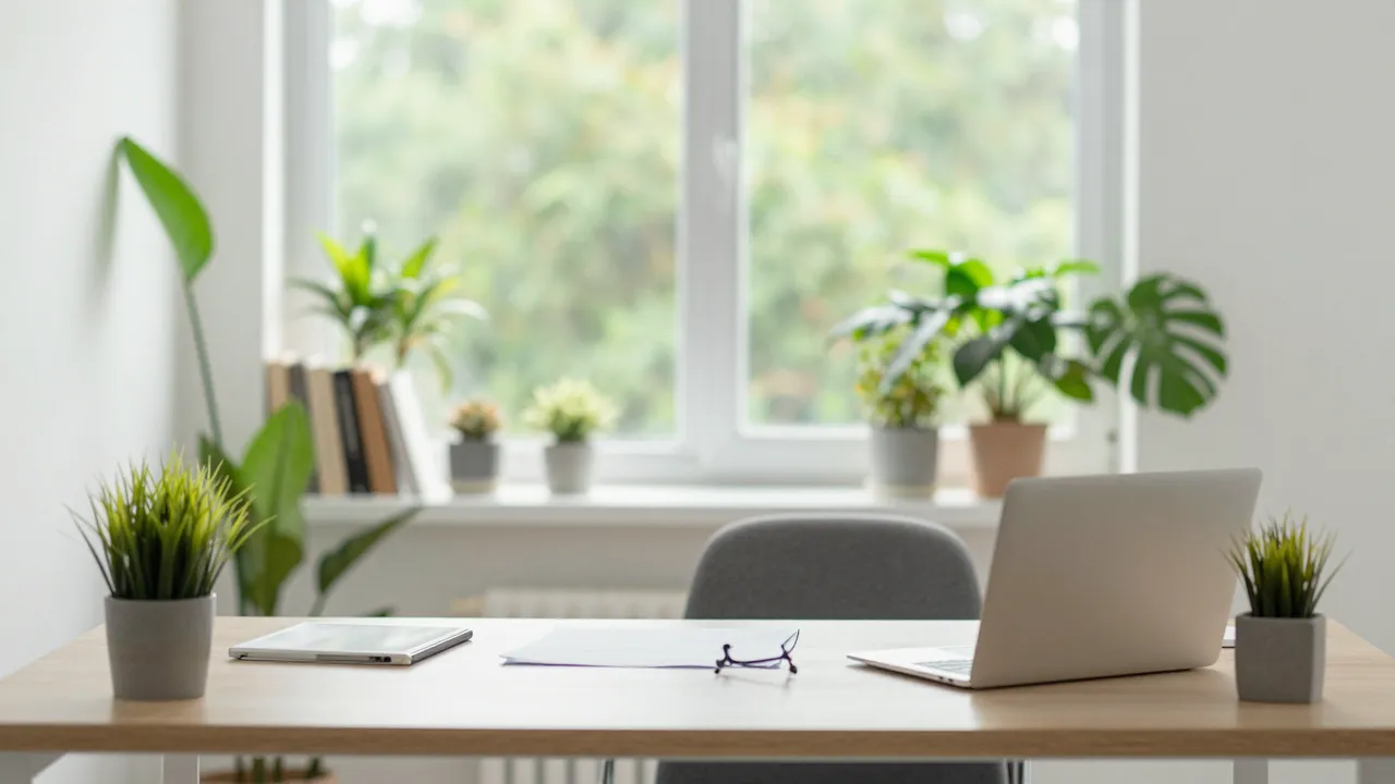 A light wooden home office desk with a laptop, plants, and natural light from a large window.