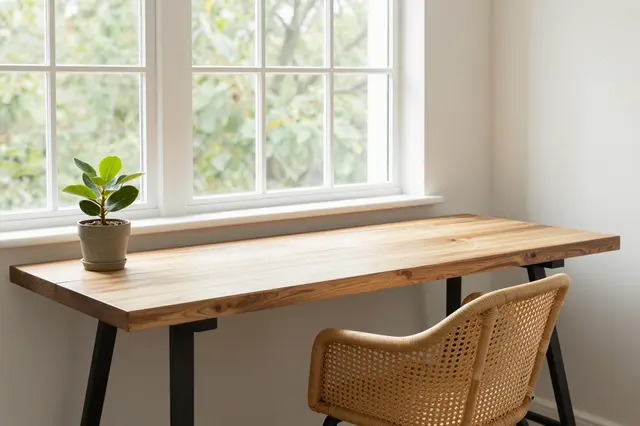 Light wood plank desk with small potted plant and rattan chair under a multi-pane window