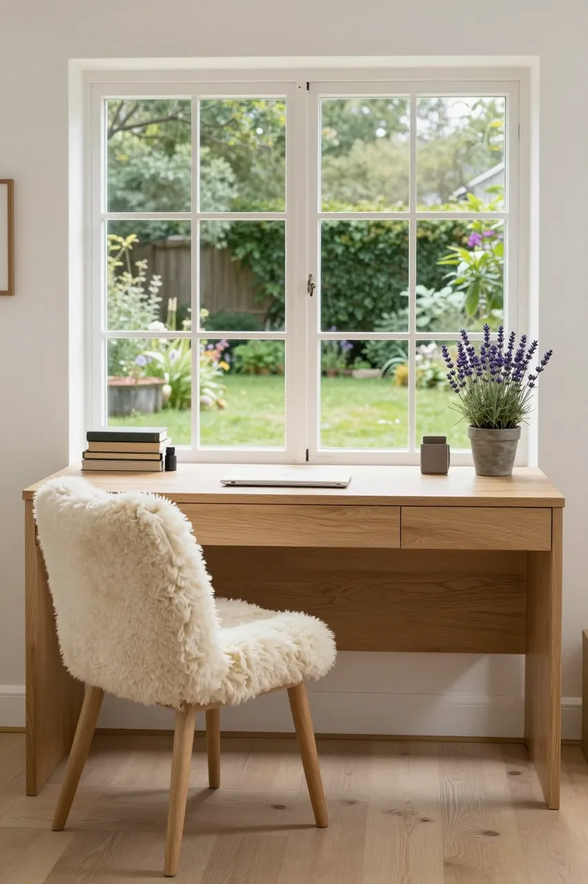 Pale oak home office desk with a fluffy upholstered chair sits in front of a garden-facing window with potted lavender and