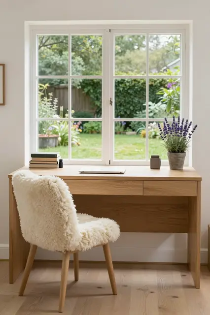 Pale oak home office desk with a fluffy upholstered chair sits in front of a garden-facing window with potted lavender and
