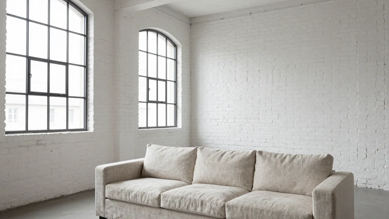 Empty loft apartment with whitewashed brick walls, linen sofa, and tall arched industrial windows