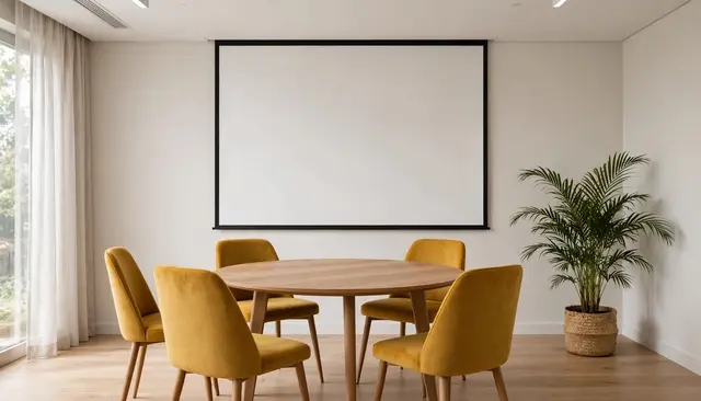 Minimalist conference room with round wooden table, mustard chairs, blank projection screen and potted palm plant
