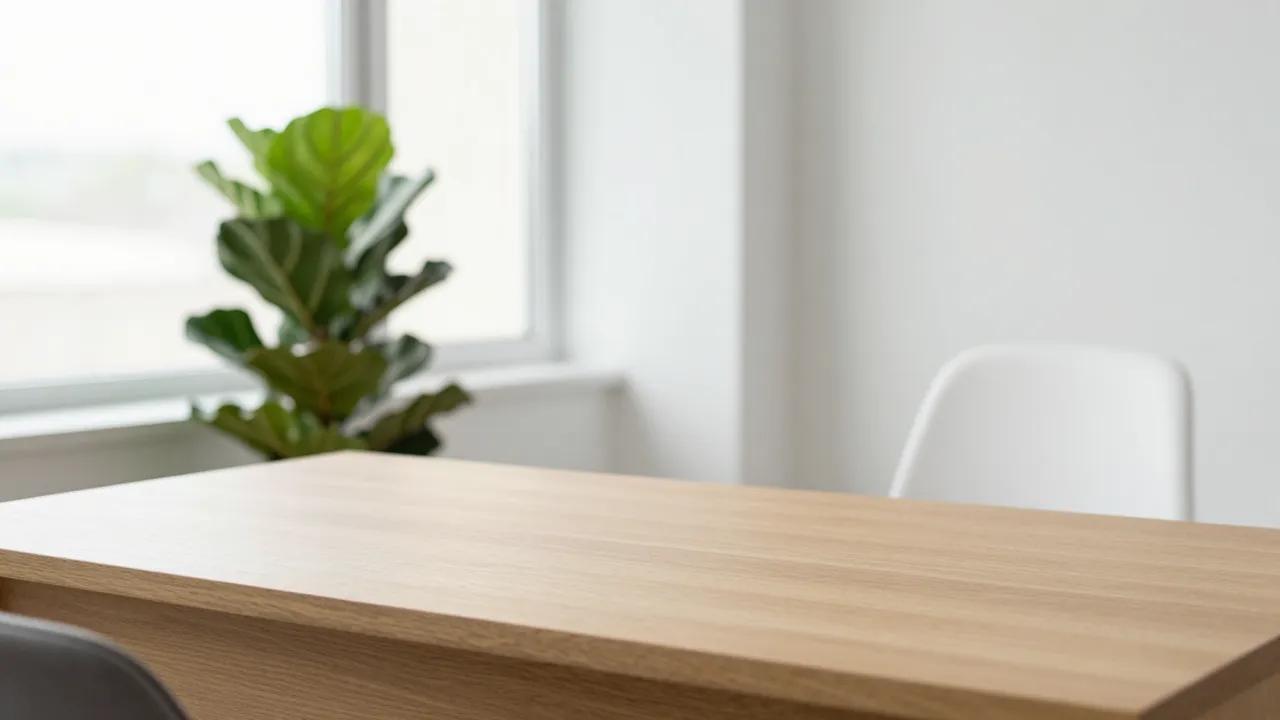 A shallow depth of field view of a light wooden desk with a blurred fiddle leaf fig and sunlit window in the background