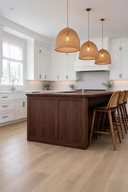 Sunlit modern kitchen with white cabinetry, dark walnut island, rattan pendants and pale oak flooring