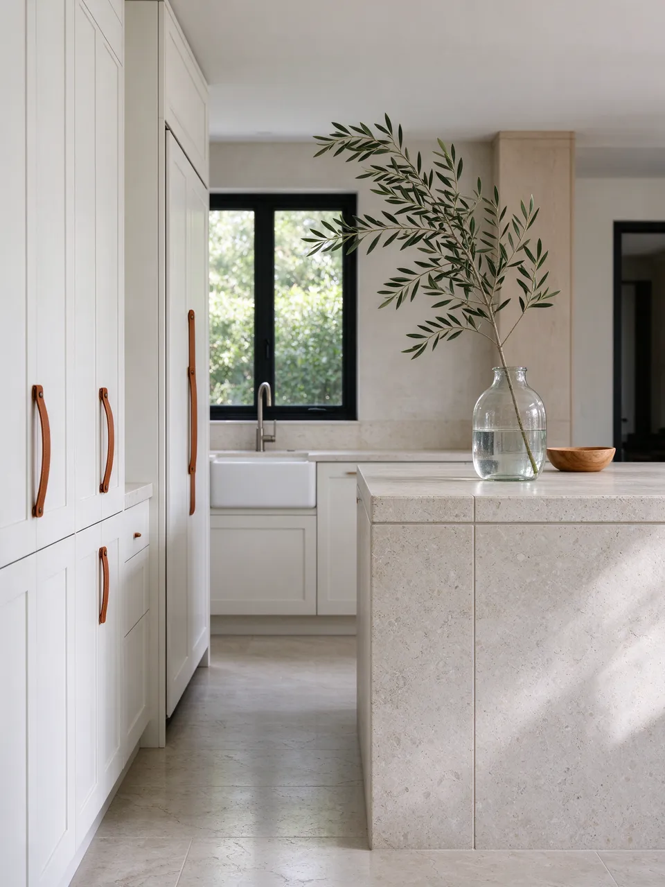 Sunlit neutral kitchen with white cabinetry, limestone island, and an olive branch in a glass vase