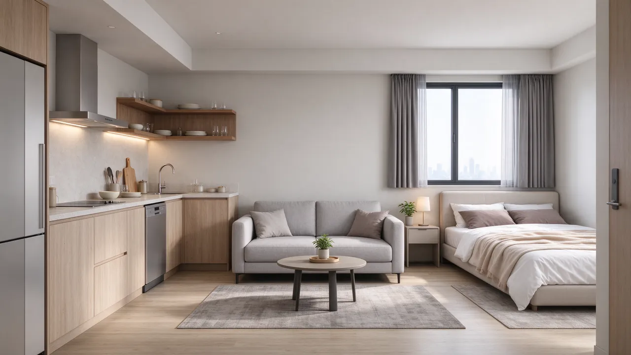 Neutral toned studio apartment with kitchen wall, center sofa, and bed next to a large window