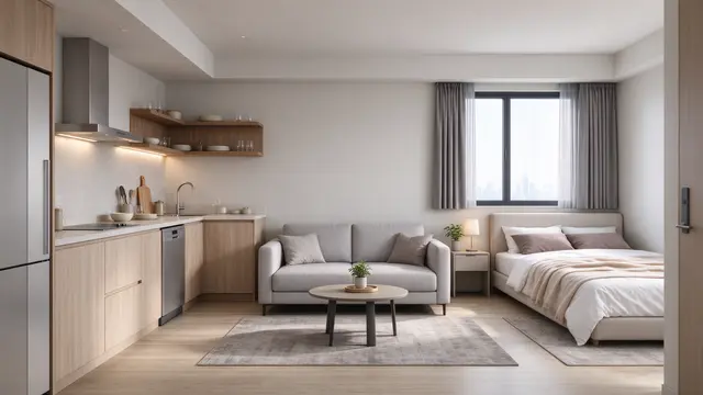 Neutral toned studio apartment with kitchen wall, center sofa, and bed next to a large window