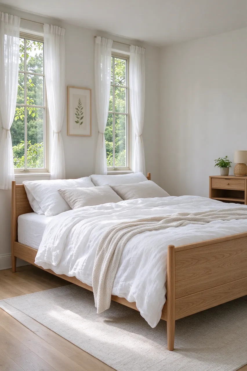 Sunlit primary bedroom with oak bed, sheer curtains and windows overlooking green treetops