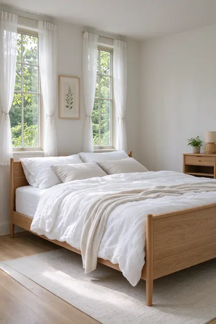 Sunlit primary bedroom with oak bed, sheer curtains and windows overlooking green treetops
