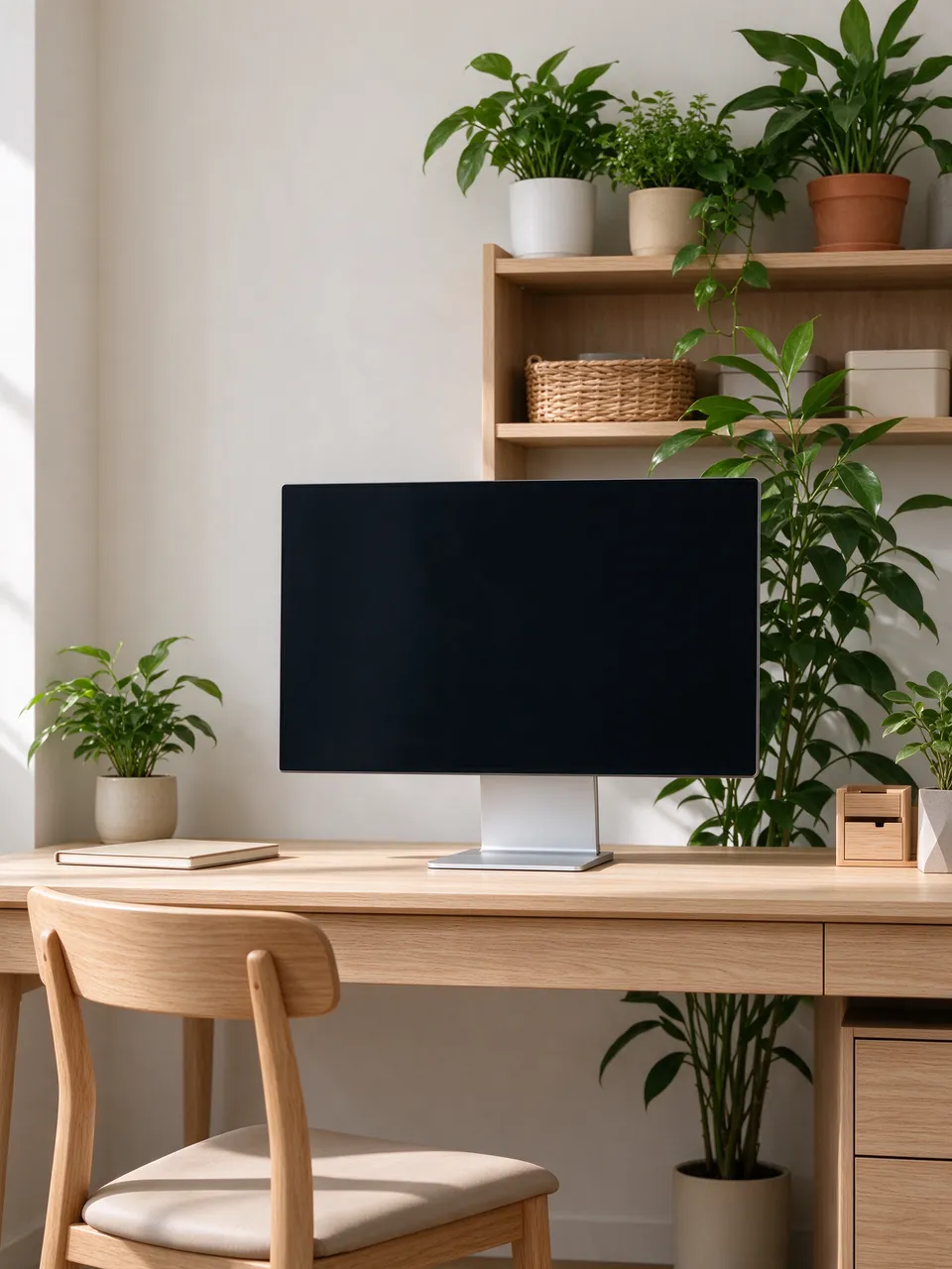 Light filled home office with a blank monitor on a pale oak desk, wooden chair and shelved houseplants