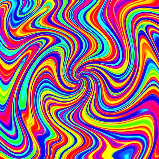 Vibrant rainbow colored swirling abstract pattern radiating from a central point