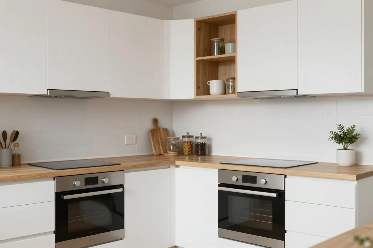 Corner of a minimalist kitchen with white cabinetry, light wood countertops and stainless steel appliances