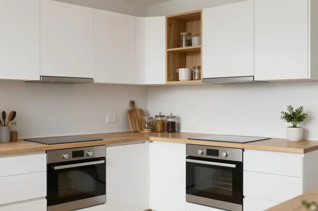 Corner of a minimalist kitchen with white cabinetry, light wood countertops and stainless steel appliances