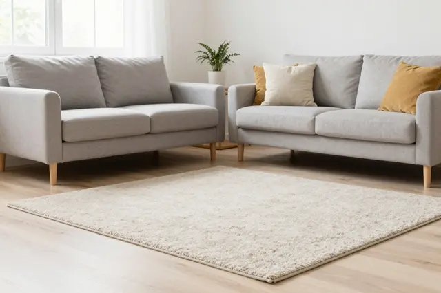 Two light gray sofas sit around a pale shag rug in a sunlit scandinavian living room with pale wood floors