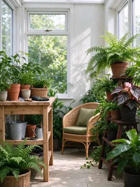 Sunlit sunroom interior with a wooden potting bench, wicker chair, and tiered plant stands full of houseplants.