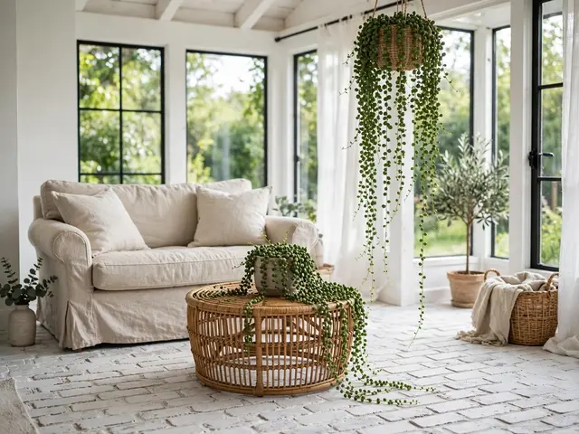 Cozy sunroom with linen loveseat, rattan table, and trailing string of pearls houseplants.