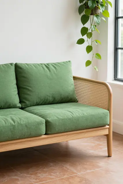 Cane framed sofa with green cushions sits next to a hanging pothos plant above terracotta tile flooring
